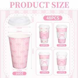 FYSUIMU 48 Set Pink Bow Coquette Disposable Paper Cups with Lids and Sleeves 16Oz Cute Bowknot Coffee Cups for Hot Cold Drinks Mother's Day Wedding Birthday Baby Shower Bachelorette Party Supplies
