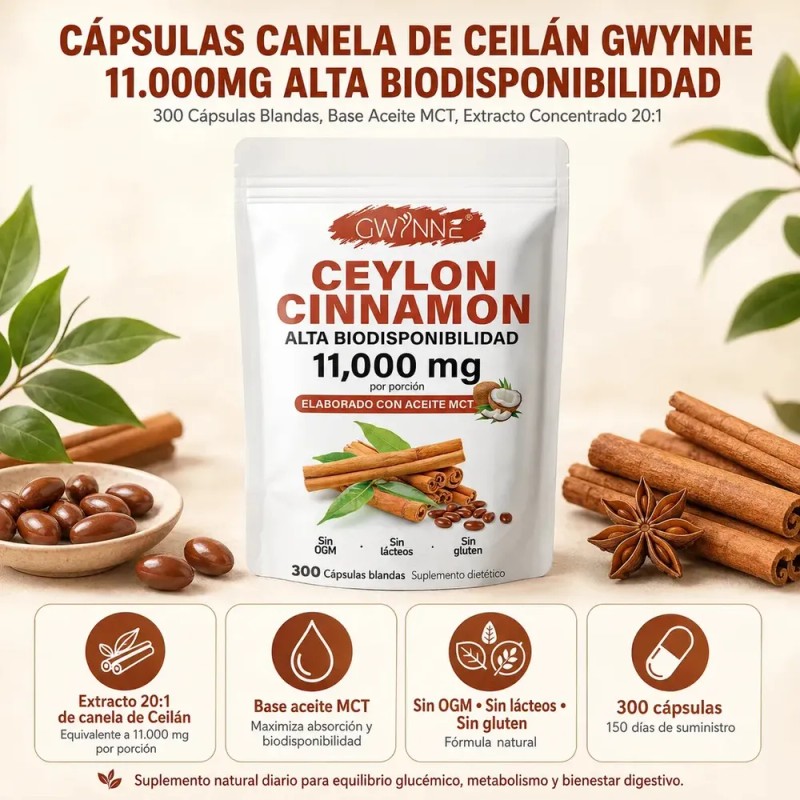GWYNNE - Ceylon Cinnamon 300 Capsules 20:1 con Aceite MCT,alta