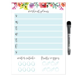 Dry Erase Whiteboard Fitness & Wellness Planner by Glassboard Studio | Removable & Reusable | Magnetic Fine-Tip Marker Included (9 x 12 inches, Floral)