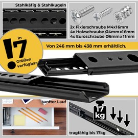 Neuhall Drawer Runners 27 mm Length 246 mm (2 Pieces) Steel Black Rails for Drawers Partial Extension Drawer Slider Ball Drawer Rail System Extension Runners with Screw Set