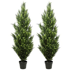 I.C.ELAINE Set of 2 Pre-Potted 4 Feet Artificial Cedar Topiary Tree Outdoor Indoor Cypress Pine Plants in Plastic Pot UV Rated for Home Office Garden Front Patio Decor