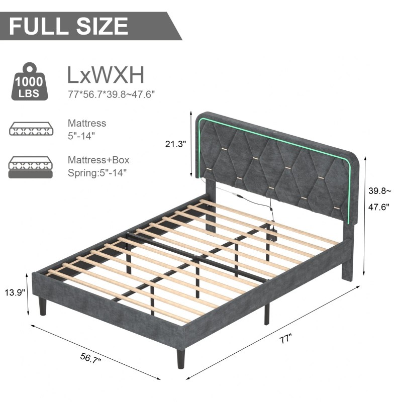 Vecelo LED Light Queen Full Twin Bed Frame with USB