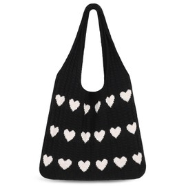 Sightor Crochet Tote Bag, Mesh Beach Bag Knit Summer Hobo Bag Vacation Boho Tote Bag for Women (C-Black White Heart)