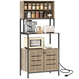 HOMCOM Kitchen Bakers Rack with Power Outlet, Coffee Bar Cabinet with Storage Shelves, Microwave Stand with Louvred Door Cabinets, Gray Wood Grain