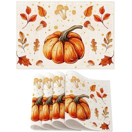 Fall Table Runner 12x18in Linen White Pumpkin Maple Leaves Placemats Set of 4 Thanksgiving Farmhouse Tables Runners Seasonal Harvest Table Mats Kitchen Dining Indoor Outdoor Home Party Decorations