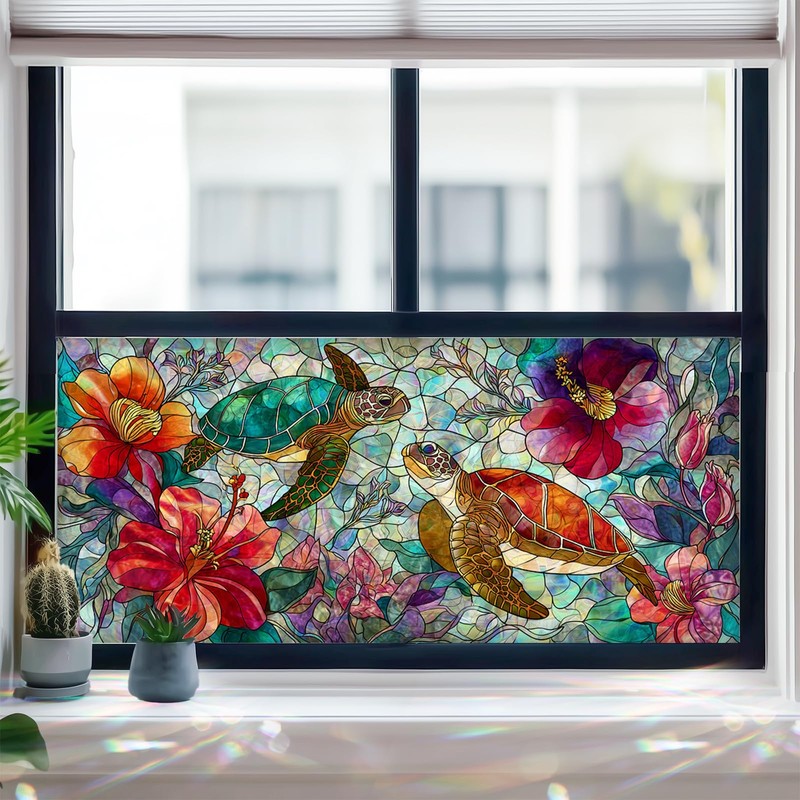 HOMETITUTE Sea Turtle Tropical Flower Window Cling 39.3x17.7 Inch PVC