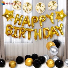 iPartycool 36pcs Birthday Party Decorations, Birthday Banner, 3D Foil Happy Birthday Balloons Big Star Confetti Metallic Balloons for Kids Boys Men Women Adults Ecofriendly Party Supplies (Black Gold)