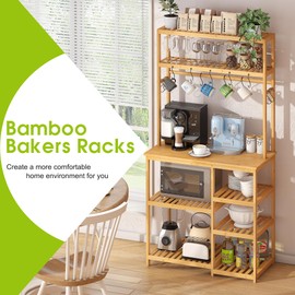 BMOSU Bakers Rack Bamboo for Kitchen with 12 S-Shaped Hooks Coffee Bar Table Kitchen Microwave Stand Open Storage Shelves Kitchen Utility Storage