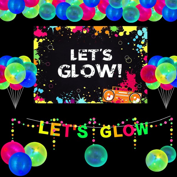 43 Pieces Glow Party Supplies Neon Party Decoration Set Include Glow Party Themed Backdrop Let's Glow Banner Circle Dot Garland and 40 Pieces Colorful Glow Party Balloons for Birthday and Glow Party