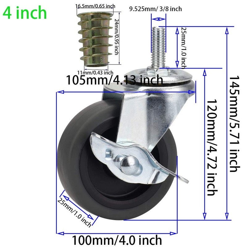 DICASAL Stem Casters with Imperial 3/8-16x25mm Stem Thread Heavy Duty
