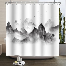 Kzzfqxb 105x160cm Foggy Shower Curtains with Hooks, White Mist Black Mountains Birds Trees Landscape Ink Painting Occluded Waterproof for Bath, Polyester Fabric Bathroom Bathtub Nature Decor