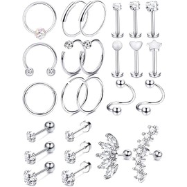 Sanfenly 25Pcs Cartilage Earrings Hoop Studs for Women Piercing CZ Stainless Steel 16-20G Labret Flat Ball Back Earrings Daith Tragus Helix Earrings