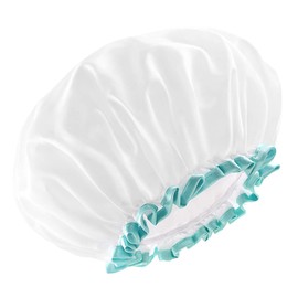 White Shower Cap for Long Hair, Waterproof Washable Hair Caps for Women and Girls, Extra Large Double-layered Bath Caps for Thick Hair