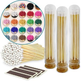 Decorative Matches in Mini Match Cloche Glass Jar Set | 4" Long Matches (100 Match Sticks in Color of Your Choice) + 3 Cork Top Dome Glass Holders + Striker Stickers | by Thankful Greetings, USA