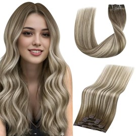 Vivien Clip in Hair Extensions Human Hair Light Brown to Blonde Balayage Clip in Hair Extensions Real Human Hair Clip in Extensions Brown Ombre Clip in Hair Extensions 16 Inch 5Pcs 70g #6/60/6