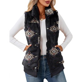 LOMON Womens Vest Fall Winter Fashion 2024 Fuzzy Fleece Sherpa Jacket Warm Zip Up Cardigan Outwear with Pockets Black Geometric L