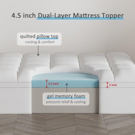 Dual Layer 4.5 Inch Memory Foam Mattress Topper Twin, 2.5 Inch Cooling Memory Foam, 2 Inch Thick Pillow Top Mattress Pad Cover for Hard Bed, Soft Fluffy & Pressure Relief & Medium Support
