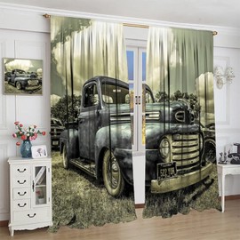 Vintage Car Curtains,Retro Rustic Truck Antique Navy Blue Old Truck Bedroom Curtains for Bedroom Living Room Decor Window Drapes, 2 Panels,42x45in