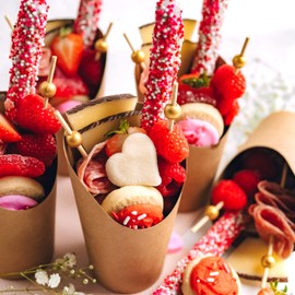 ASTARON 30 Disposable Charcuterie Cups with Sticks, French Fry Holder Snack Cups for Cocktail Party 12 oz Paper Appetizer Cups with 100 Skewers Toothpicks for Party Supplies