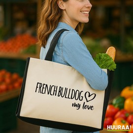 huuraa Jute Bag French Bulldog My Love Shopper Shopping Bag Black 21 Litres with Motif for Dog Lovers Gift Idea for Friends and Family, black