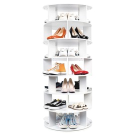 ASHLEYRIVER Rotating Shoe Rack, 7-Tier Wood Storage Spinning Shoe Rack Tower, Free Standing 360° Shoes Rack Organizer for Entryway, Garage, Bedroom, White