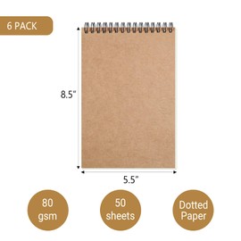 zmybcpack 6 Pcs A5 Spiral Dotted Notebooks 8.25"x5.5", Kraft Top Spiral Dot Grid Paper Notebook for Bullet Journaling, Students & Office (50 sheets/100 Dot Grid Pages)