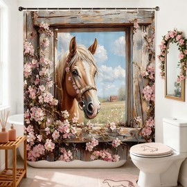 LMMRLM Farmhouse Horse Shower Curtain Western Barn Door Cowboy Vintage Old Wood Board Wild Green Leaves Wood and Pink Floral Decor Curtain 70" Wx70 H Polyester Fabric