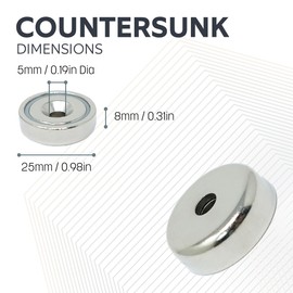 N42 Neodymium Pot Magnet for Arts, Crafts, Model Making, 25 mm Diameter x 8 mm Thick x 5 mm C/Basin, 26 kg Pull