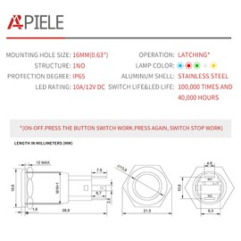 APIELE 10 Amp 16mm Latching Push Button Switch 12V Angel Eye LED Waterproof Round Self-Locking 1NO (Black Aluminum, Red)