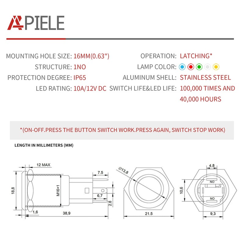 APIELE 10 Amp 16mm Latching Push Button Switch 12V Angel