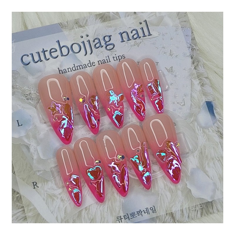 Hot Pink Glass Bead Handmade Nail Tip - Water Drop