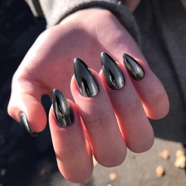 Mirror Metal Smoky Grey Chrome Press on Nails Medium Almond Metallic Nails Glue on, Acrylic Nails Fake Nails Press ons Thick Shinny Glazed False Nails Glue on Nails Medium Length Stiletto Nails 24Pcs