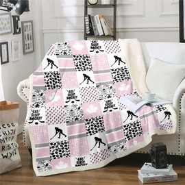 Ice Hockey Throw Size Fleece Blanket for Girls, Puck Sports Games Fuzzy Blanket for Kids Teens Bedroom, Hockey Player Throw Blanket Geometry Plaid Patchwork Plush Bed Blanket, Pink White Black
