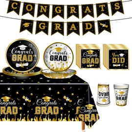 Graduation Party Decorations Class of 2025, Disposable Grad Tableware Kit, Serves 24 with Black Graduation Dinner Plates, Napkins, Tablecloth, Cups, Banner for Grad Party Favors Supplies