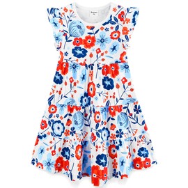 4th of July Girls Dresses Toddler Girl's Summer Dress Cotton Pocket Ruffle Short Sleeve Tiered Swing Twirly Casual Sundress Dresses for Girls Clothes Outfits Color Block Red and Blue Flower Size 5t