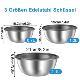 Velicber Stainless Steel Bowl Set of 3 with Transparent Airtight Lid (2.1 L + 1.2 L + 0.7 L) Mixing Bowl Salad Bowl Set, Stackable & Dishwasher Safe for Kitchen, Baking, Storage