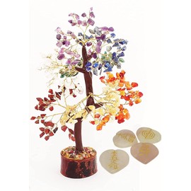 Seven Chakra Tree Feng Shui Bonsai Astro Vastu Numero Crystal Good Luck Tree Wealth & Prosperity Spiritual Gift & Rose Quartz Symbolic Palm Stone Set of 4, 300 Crystal Beads Table Décor