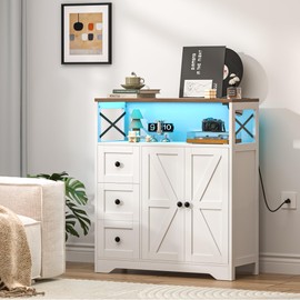 Yoobure Kitchen Buffet Storage Cabinet with Doors and Shelves, LED Pantry Cabinet with Drawers, Farmhouse Coffee Bar with Power Outlet，Wood Sideboard for Entryway Living Room, 32.3" x 14" x 37.6"