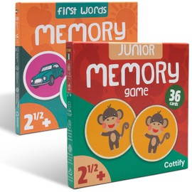 Cottify 2-Pack Wooden Memory Matching Game for Toddlers for Toddlers 3-5 Years, Durable, Toddler Memory Game for Kids 3 and up, Toddler Matching Toy, First Words and Animals, 72 Cards