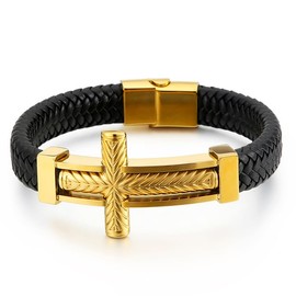 Klapgo Punk Cross Men’s Bracelet, Stainless Steel and Braided Leather Wristband Gold Tone Cross Charm with Clasp Closure for Men’s Religious Punk Hip Hop Jewelry