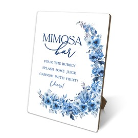Blue Wildflowers Mimosa Bar Sign, Wedding Shower Supplies, Bar Sign For Gender Reveal Party Wedding Reception Event Party, Bridal Shower Decor, 8x11 Inches Tabletop Decor, Wood Sign With Stand, b14