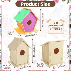 Oungy 12 PCS Wooden Birdhouses Unfinished Wood Bird Houses Kits DIY Wooden Bird Houses Kits with Colorful Painting Pens Bird Houses to Paint for Craft Activity Creative DIY Art Project
