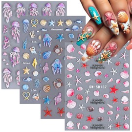 Summer Ocean Nail Art Stickers Embossed Beach Seashell Starfish Nail Decals Cute Marine Life Pegatinas Uñas Self Adhesive Nail Accessories for Women Girls Acrylic Nail DIY Manicure Decoration 4Sheets