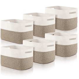 Geetery 6 Pack Storage Baskets for Organizing 14.8'' x 9.8'' x 8.9'' Woven Storage Basket for Shelves Cotton Rope Decorative Bins with Handle for Toys Bathroom Closet Nursery Classroom(Light Brown)