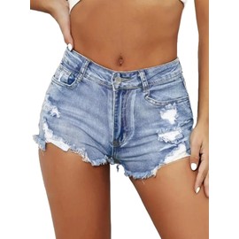 PAOLA RIBONI Women's Denim Shorts Mid Rise Ripped Jean Short Waisted Stretchy Jean (US, Alpha, X-Large, Regular, Regular, Light Blue)