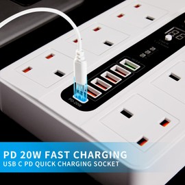 BOCHLION Extension Lead with 6 USB Slots (PD20W/QC3.0), Power Strip Surge Protector with 6 Way Plug Extension Socket, 2M Extension Cord, 1-24 Hour Timer and Night Light for Home, Office