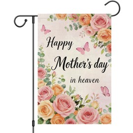 Heyfibro Happy Mother's Day in Heaven Garden Flag 12x18 Double Sided Burlap, Roses & Butterflies Memorial Yard Banner for Spring Outside Outdoor House Mothers Day Decoration (ONLY FLAG)