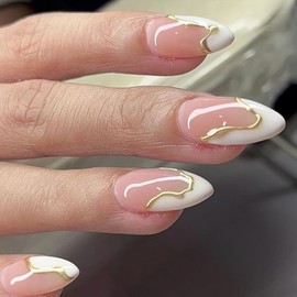 FNKFNK White French Tip Press on Nails Short Almond Fake Nails with 3D Irregular Gold Lines Designs Glossy Glue on Nails French Tip Full Cover Stick on Nails Reusable Acrylic Nails for Women 24Pcs