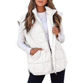 EVALESS Womens Puffer Vest Quilted Zip Up Cap Sleeve Jackets Lightweight Fall Vacation Outfits for Women 2024 Fashion Warm Winter Coats With Pockets White Large