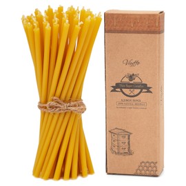 Viyffo 6.3 Inch Natural Beeswax Taper Candles Set of 50 Unscented, Dripless, Smokeless Thin Tapered Candlesticks for Church Prayer, Decor, Birthday, 6.3”x0.2”
